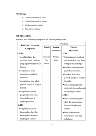Alat Peraga:
 Gambar kenampakan alam
 Gambar kenampakan buatan
 Gambar peristiwa alam
 Teks cerita binatang
VII. PENILAIAN
Penilaian dilaksanakan selama proses dan sesudah pembelajaran.
Indikator Pencapaian
Kompetensi
Penilaian
Teknik Bentuk
Instrumen
Contoh
Instrumen
1. PKn :
Mengklasifikasi dan
membuat daftar tindakan
yang dapat mempersatukan
bangsa
Menyebutkan nama
organisasi pemuda di
nusantara
Menyebutkan lima tokoh
pemuda yang ikut Kongres
Pemuda
Mengidentifikasikan
pengamalan nilai-nilai
Sumpah Pemuda di
lingkungan rumah
2. IPS :
Mengidentifikasikan
kenampakan alam dan
kenampakan buatan di
lingkungan sekitar
Tes lisan
Tes
tertulis
Uraian
Isian
1. PKn :
Jelaskanlah dan membuat
daftar tindakan yang dapat
mempersatukan bangsa
Sebutkan nama organisasi
pemuda di nusantara
Sebutkan lima tokoh
pemuda yang ikut Kongres
Pemuda
Jelaskanlah pengamalan
nilai-nilai Sumpah Pemuda
di lingkungan rumah
2. IPS :
Jelaskanlah kenampakan
alam dan kenampakan
buatan di lingkungan
sekitar
Jelaskanlah manfaat
kenampakan alam bagi
kehidupan
16
 