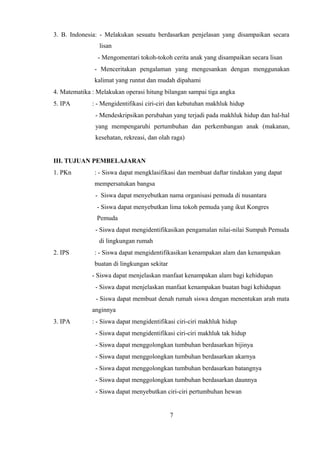 3. B. Indonesia: - Melakukan sesuatu berdasarkan penjelasan yang disampaikan secara
lisan
- Mengomentari tokoh-tokoh cerita anak yang disampaikan secara lisan
- Menceritakan pengalaman yang mengesankan dengan menggunakan
kalimat yang runtut dan mudah dipahami
4. Matematika : Melakukan operasi hitung bilangan sampai tiga angka
5. IPA : - Mengidentifikasi ciri-ciri dan kebutuhan makhluk hidup
- Mendeskripsikan perubahan yang terjadi pada makhluk hidup dan hal-hal
yang mempengaruhi pertumbuhan dan perkembangan anak (makanan,
kesehatan, rekreasi, dan olah raga)
III. TUJUAN PEMBELAJARAN
1. PKn : - Siswa dapat mengklasifikasi dan membuat daftar tindakan yang dapat
mempersatukan bangsa
- Siswa dapat menyebutkan nama organisasi pemuda di nusantara
- Siswa dapat menyebutkan lima tokoh pemuda yang ikut Kongres
Pemuda
- Siswa dapat mengidentifikasikan pengamalan nilai-nilai Sumpah Pemuda
di lingkungan rumah
2. IPS : - Siswa dapat mengidentifikasikan kenampakan alam dan kenampakan
buatan di lingkungan sekitar
- Siswa dapat menjelaskan manfaat kenampakan alam bagi kehidupan
- Siswa dapat menjelaskan manfaat kenampakan buatan bagi kehidupan
- Siswa dapat membuat denah rumah siswa dengan menentukan arah mata
anginnya
3. IPA : - Siswa dapat mengidentifikasi ciri-ciri makhluk hidup
- Siswa dapat mengidentifikasi ciri-ciri makhluk tak hidup
- Siswa dapat menggolongkan tumbuhan berdasarkan bijinya
- Siswa dapat menggolongkan tumbuhan berdasarkan akarnya
- Siswa dapat menggolongkan tumbuhan berdasarkan batangnya
- Siswa dapat menggolongkan tumbuhan berdasarkan daunnya
- Siswa dapat menyebutkan ciri-ciri pertumbuhan hewan
7
 