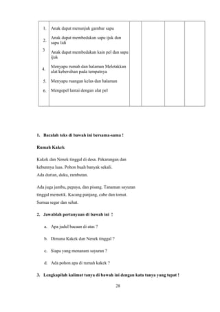 1.
2.
3
4.
5.
6.
Anak dapat menunjuk gambar sapu
Anak dapat membedakan sapu ijuk dan
sapu lidi
Anak dapat membedakan kain pel dan sapu
ijuk
Menyapu rumah dan halaman Meletakkan
alat kebersihan pada tempatnya
Menyapu ruangan kelas dan halaman
Mengepel lantai dengan alat pel
1. Bacalah teks di bawah ini bersama-sama !
Rumah Kakek
Kakek dan Nenek tinggal di desa. Pekarangan dan
kebunnya luas. Pohon buah banyak sekali.
Ada durian, duku, rambutan.
Ada juga jambu, pepaya, dan pisang. Tanaman sayuran
tinggal memetik. Kacang panjang, cabe dan tomat.
Semua segar dan sehat.
2. Jawablah pertanyaan di bawah ini !
a. Apa judul bacaan di atas ?
b. Dimana Kakek dan Nenek tinggal ?
c. Siapa yang menanam sayuran ?
d. Ada pohon apa di rumah kakek ?
3. Lengkapilah kalimat tanya di bawah ini dengan kata tanya yang tepat !
28
 