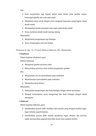 IPS
 Guru menjelaskan tiga bagian pokok pada denah yaitu gambar utama,
keterangan gambar dan arah mata angin
 Melakukan tanya jawab dengan siswa mengenai kegunaan setiap bagian utama
denah rumah
 Memaparkan bentuk penyajian mata angin pada denah rumah
 Siswa membuat denah rumah masing-masing
Matematika
 Menjelaskan pengurangan tiga bilangan
 Siswa mengerjakan soal-soal latihan
Pertemuan ke tiga : 6 x 35 menit (Bahasa Indonesia, IPA, Matematika)
 Eksplorasi
Dalam kegiatan eksplorasi, guru:
Bahasa Indonesia
 Mengamati gambar peristiwa alam
 Menceritakan peristiwa alam melalui pengamatan gambar
IPA
 Menjelaskan ciri-ciri pertumbuhan pada tumbuhan
 Mendiskusikan pertumbuhan pada tumbuhan
 Melaporkan hasil diskusi
Matematika
 Menjelaskan pengurangan dua buah bilangan dengan teknik meminjam
 Menguji keterampilan siswa mengurangi dua buah bilangan dengan teknik
meminjam
 Elaborasi
Dalam kegiatan elaborasi, guru:
 membiasakan peserta didik membaca dan menulis yang beragam melalui tugas-
tugas tertentu yang bermakna;
 memfasilitasi peserta didik melalui pemberian tugas, diskusi, dan lain-lain
untuk memunculkan gagasan baru baik secara lisan maupun tertulis;
14
 