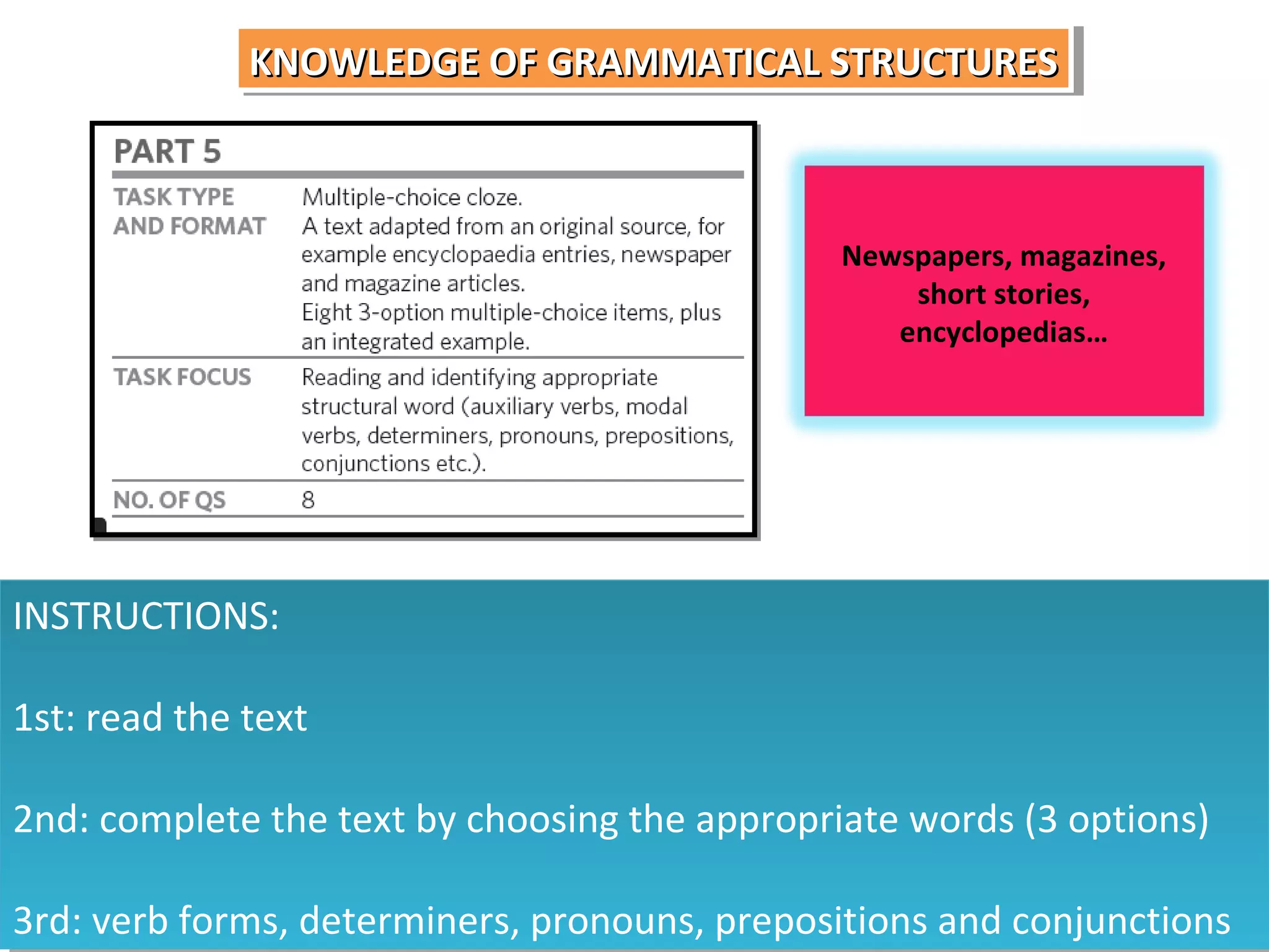 KNOWLEDGE OF GRAMMATICAL STRUCTURES
KNOWLEDGE OF GRAMMATICAL STRUCTURES

Newspapers, magazines,
short stories,
encyclopedias…

INSTRUCTIONS:
INSTRUCTIONS:
1st: read the text
1st: read the text
2nd: complete the text by choosing the appropriate words (3 options)
2nd: complete the text by choosing the appropriate words (3 options)
3rd: verb forms, determiners, pronouns, prepositions and conjunctions
3rd: verb forms, determiners, pronouns, prepositions and conjunctions

 