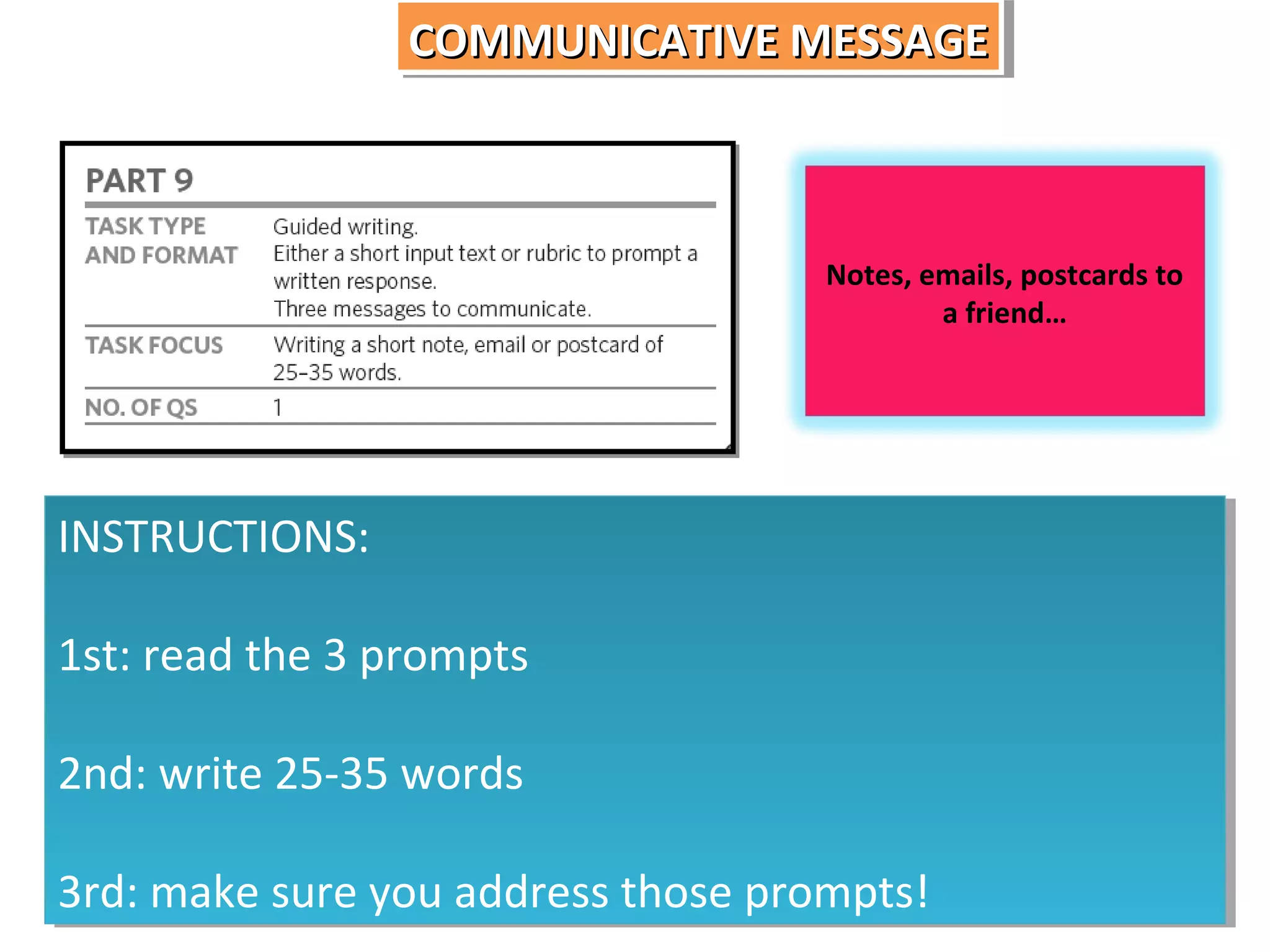 COMMUNICATIVE MESSAGE
COMMUNICATIVE MESSAGE

Notes, emails, postcards to
a friend…

INSTRUCTIONS:
INSTRUCTIONS:
1st: read the 3 prompts
1st: read the 3 prompts
2nd: write 25-35 words
2nd: write 25-35 words
3rd: make sure you address those prompts!
3rd: make sure you address those prompts!

 