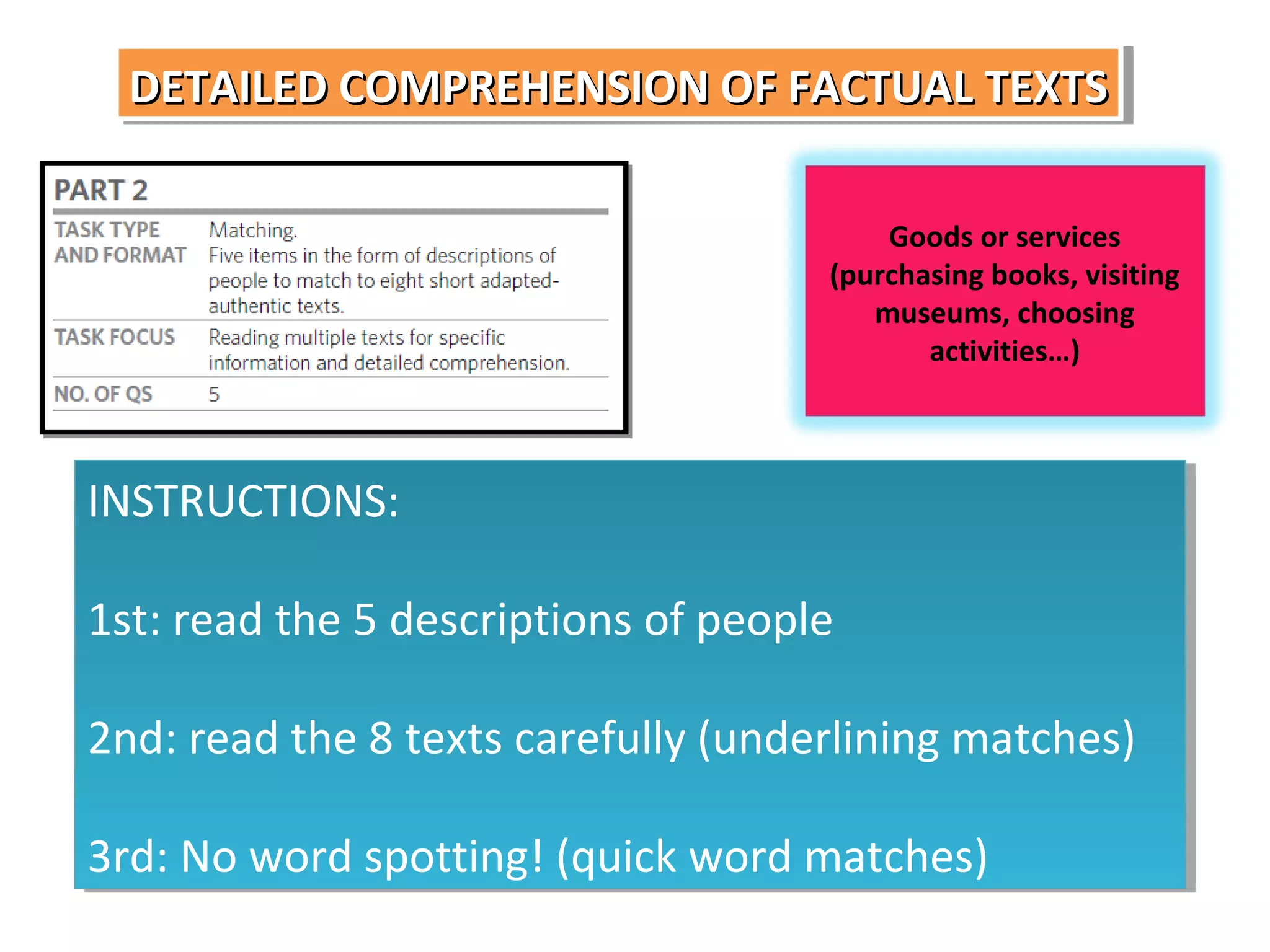 DETAILED COMPREHENSION OF FACTUAL TEXTS
DETAILED COMPREHENSION OF FACTUAL TEXTS
Goods or services
(purchasing books, visiting
museums, choosing
activities…)

INSTRUCTIONS:
INSTRUCTIONS:
1st: read the 5 descriptions of people
1st: read the 5 descriptions of people
2nd: read the 8 texts carefully (underlining matches)
2nd: read the 8 texts carefully (underlining matches)
3rd: No word spotting! (quick word matches)
3rd: No word spotting! (quick word matches)

 