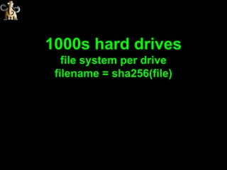 1000s hard drives
   file system per drive
 filename = sha256(file)
 