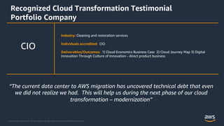 © 2020, Amazon Web Services, Inc. or its Affiliates. All rights reserved. Amazon Confidential and Trademark.
Recognized Cloud Transformation Testimonial
Portfolio Company
Industry: Cleaning and restoration services
Individuals accredited: CIO
Deliverables/Outcomes: 1) Cloud Economics Business Case 2) Cloud Journey Map 3) Digital
Innovation Through Culture of Innovation - direct product business
CIO
“The current data center to AWS migration has uncovered technical debt that even
we did not realize we had. This will help us during the next phase of our cloud
transformation – modernization”
 