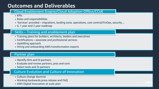 © 2020, Amazon Web Services, Inc. or its Affiliates. All rights reserved. Amazon Confidential and Trademark.
Outcomes and Deliverables
• KPIs
• Roles and responsibilities
• ‘Services’ provided – migrations, landing zone, operations, cost control/FinOps, security…
• 6, 1 year and 2 year roadmap
Cloud Enablement Engine/Cloud Adoption Office/CCoE
• Training plans for builders, architects, leaders and executives
• Certifications – associate and professional services
• Upskilling approach
• Hiring and onboarding AWS transformation experts
Skills – Training and enablement plan
• Identify ISVs and SI partners
• Evaluate and review partners, pros and cons
• Select tools and SI partners
Partner plan
• Culture change doctrine
• Working backwards press release and FAQ
• AWS Digital Innovation at scale plan
Culture Evolution and Culture of Innovation
 