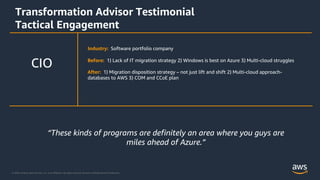 © 2020, Amazon Web Services, Inc. or its Affiliates. All rights reserved. Amazon Confidential and Trademark.
Transformation Advisor Testimonial
Tactical Engagement
Industry: Software portfolio company
Before: 1) Lack of IT migration strategy 2) Windows is best on Azure 3) Multi-cloud struggles
After: 1) Migration disposition strategy – not just lift and shift 2) Multi-cloud approach-
databases to AWS 3) COM and CCoE plan
CIO
“These kinds of programs are definitely an area where you guys are
miles ahead of Azure.”
 