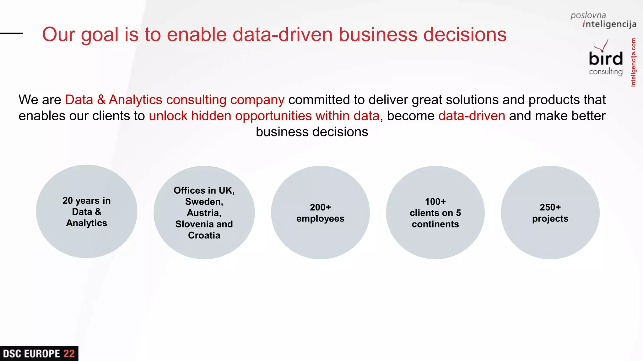 inteligencija.com
We are Data & Analytics consulting company committed to deliver great solutions and products that
enables our clients to unlock hidden opportunities within data, become data-driven and make better
business decisions
Our goal is to enable data-driven business decisions
Offices in UK,
Sweden,
Austria,
Slovenia and
Croatia
200+
employees
20 years in
Data &
Analytics
250+
projects
100+
clients on 5
continents
 