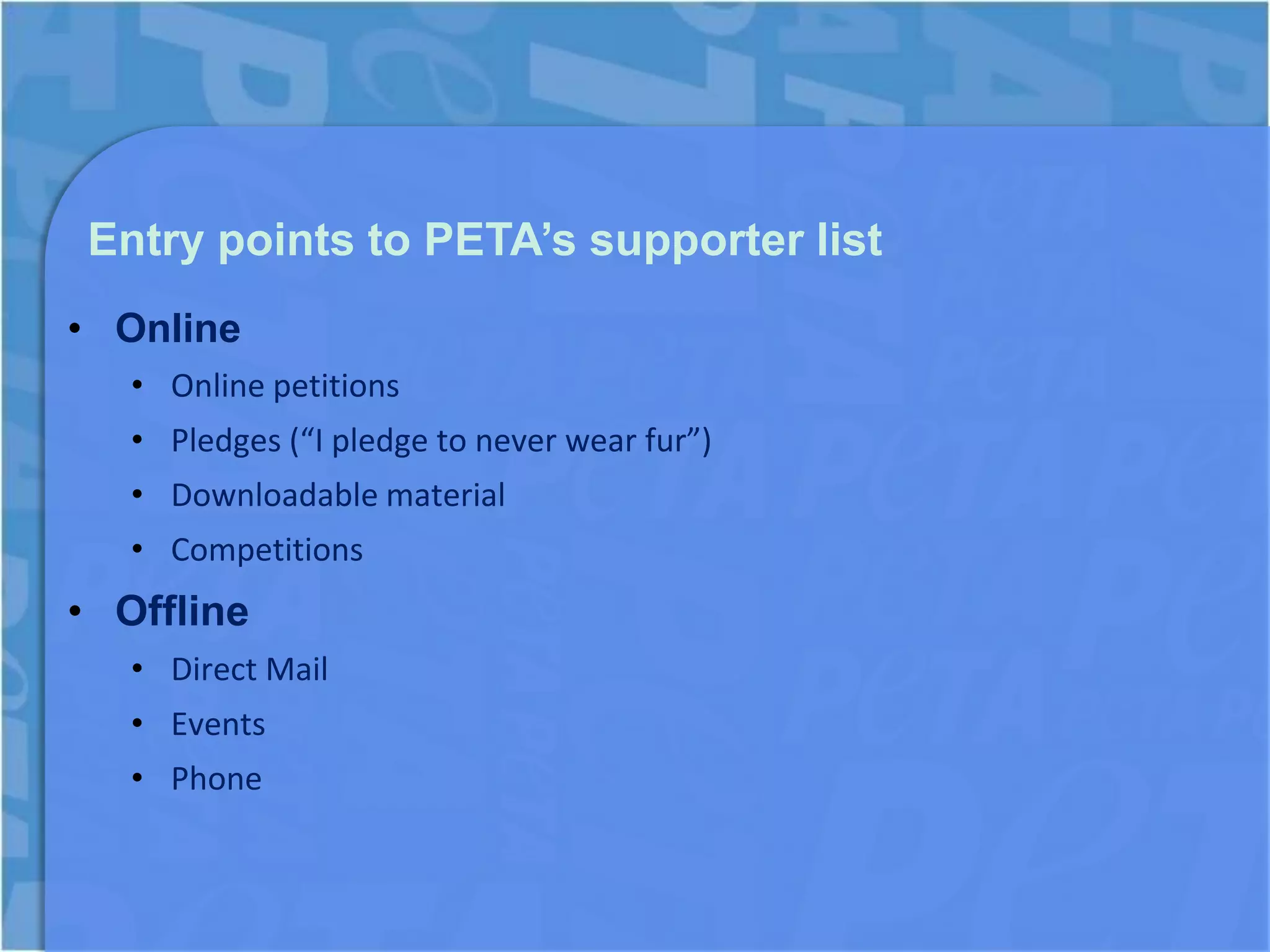 Entry points to PETA’s supporter list
• Online
   • Online petitions
   • Pledges (“I pledge to never wear fur”)
   • Downloadable material
   • Competitions
• Offline
   • Direct Mail
   • Events
   • Phone
 