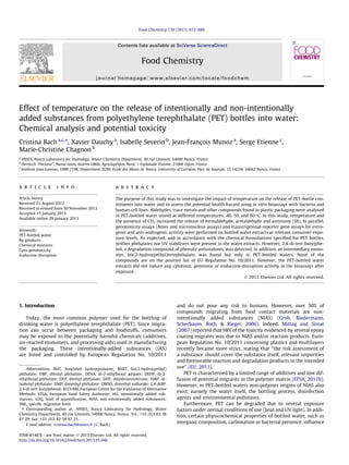 Effect of temperature on the release of intentionally and non-intentionally
added substances from polyethylene terephthalate (PET) bottles into water:
Chemical analysis and potential toxicity
Cristina Bach a,c,⇑
, Xavier Dauchy a
, Isabelle Severin b
, Jean-François Munoz a
, Serge Etienne c
,
Marie-Christine Chagnon b
a
ANSES, Nancy Laboratory for Hydrology, Water Chemistry Department, 40 rue Lionnois, 54000 Nancy, France
b
Derttech ‘‘Packtox’’, Nutox team, Inserm U866, AgroSupDijon Nord, 1 Esplanade Erasme, 21000 Dijon, France
c
Institute Jean Lamour, UMR 7198, Department SI2M, Ecole des Mines de Nancy, University of Lorraine, Parc de Saurupt, CS 14234, 54042 Nancy, France
a r t i c l e i n f o
Article history:
Received 21 August 2012
Received in revised form 30 November 2012
Accepted 15 January 2013
Available online 29 January 2013
Keywords:
PET-bottled water
By-products
Chemical mixtures
Cyto-genotoxicity
Endocrine disruption
a b s t r a c t
The purpose of this study was to investigate the impact of temperature on the release of PET-bottle con-
stituents into water and to assess the potential health hazard using in vitro bioassays with bacteria and
human cell lines. Aldehydes, trace metals and other compounds found in plastic packaging were analysed
in PET-bottled water stored at different temperatures: 40, 50, and 60 °C. In this study, temperature and
the presence of CO2 increased the release of formaldehyde, acetaldehyde and antimony (Sb). In parallel,
genotoxicity assays (Ames and micronucleus assays) and transcriptional-reporter gene assays for estro-
genic and anti-androgenic activity were performed on bottled water extracts at relevant consumer expo-
sure levels. As expected, and in accordance with the chemical formulations speciﬁed for PET bottles,
neither phthalates nor UV stabilisers were present in the water extracts. However, 2,4-di-tert-butylphe-
nol, a degradation compound of phenolic antioxidants, was detected. In addition, an intermediary mono-
mer, bis(2-hydroxyethyl)terephthalate, was found but only in PET-bottled waters. None of the
compounds are on the positive list of EU Regulation No. 10/2011. However, the PET-bottled water
extracts did not induce any cytotoxic, genotoxic or endocrine-disruption activity in the bioassays after
exposure.
Ó 2013 Elsevier Ltd. All rights reserved.
1. Introduction
Today, the most common polymer used for the bottling of
drinking water is polyethylene terephthalate (PET). Since migra-
tion can occur between packaging and foodstuffs, consumers
may be exposed to the potentially harmful chemicals (additives,
un-reacted monomers, and processing aids) used in manufacturing
the packaging. These intentionally-added substances (IAS)
are listed and controlled by European Regulation No. 10/2011
and do not pose any risk to humans. However, over 50% of
compounds migrating from food contact materials are non-
intentionally added substances (NIAS) (Grob, Biedermann,
Scherbaum, Roth, & Rieger, 2006). Indeed, Mittag and Simat
(2007) reported that 98% of the toxicity evidenced by several epoxy
coating migrates was due to NIAS and/or reaction products. Euro-
pean Regulation No. 10/2011 concerning plastics and multilayers
recently became more strict, stating that ‘‘the risk assessment of
a substance should cover the substance itself, relevant impurities
and foreseeable reaction and degradation products in the intended
use’’ (EU, 2011).
PET is characterised by a limited range of additives and low dif-
fusion of potential migrants in the polymer matrix (EFSA, 2011b).
However, in PET-bottled waters non-polymer origins of NIAS also
exist, namely the water itself, the bottling process, disinfection
agents and environmental pollutions.
Furthermore, PET can be degraded due to several exposure
factors under normal conditions of use (heat and UV light). In addi-
tion, certain physicochemical properties of bottled water, such as
inorganic composition, carbonation or bacterial presence, inﬂuence
0308-8146/$ - see front matter Ó 2013 Elsevier Ltd. All rights reserved.
http://dx.doi.org/10.1016/j.foodchem.2013.01.046
Abbreviations: BHT, butylated hydroxytoluene; BHET, bis(2-hydroxyethyl)
phthalate; DBP, dibutyl phthalate; DEHA, di-2-ethylhexyl adipate; DEHP, di-2-
ethylhexyl phthalate; DEP, diethyl phthalate; DHT, dihydrotestoterone; DiBP, di-
isobutyl phthalate; DMP, dimethyl phthalate; DMSO, dimethyl sulfoxide; 2,4-dtBP,
2,4-di-tert-butylphenol; ECCVAM, European Center for the Validation of Alternative
Methods; EFSA, European Food Safety Authority; IAS, intentionally added sub-
stances; LOQ, limit of quantiﬁcation; NIAS, non-intentionally added substances;
SML, speciﬁc migration limit.
⇑ Corresponding author at: ANSES, Nancy Laboratory for Hydrology, Water
Chemistry Department, 40 rue Lionnois, 54000 Nancy, France. Tel.: +33 (0)3 83 38
87 29; fax: +33 (0)3 83 38 87 21.
E-mail address: cristina.bach@anses.fr (C. Bach).
Food Chemistry 139 (2013) 672–680
Contents lists available at SciVerse ScienceDirect
Food Chemistry
journal homepage: www.elsevier.com/locate/foodchem
 
