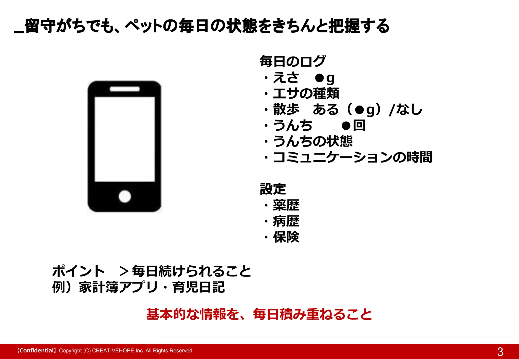 【Confidential】Copyright (C) CREATIVEHOPE,Inc. All Rights Reserved.
留守がちでも、ペットの毎日の状態をきちんと把握する
3
毎日のログ
・えさ ●g
・エサの種類
・散歩 ある（●g）/なし
・うんち ●回
・うんちの状態
・コミュニケーションの時間
設定
・薬歴
・病歴
・保険
ポイント ＞毎日続けられること
例）家計簿アプリ・育児日記
基本的な情報を、毎日積み重ねること
 