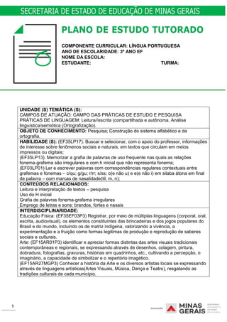 COMPONENTE CURRICULAR: LÍNGUA PORTUGUESA
ANO DE ESCOLARIDADE: 3º ANO EF
NOME DA ESCOLA:
ESTUDANTE: TURMA:
1
UNIDADE (S) TEMÁTICA (S):
CAMPOS DE ATUAÇÃO: CAMPO DAS PRÁTICAS DE ESTUDO E PESQUISA
PRÁTICAS DE LINGUAGEM: Leitura//escrita (compartilhada e autônoma, Análise
linguística/semiótica (Ortografização).
OBJETO DE CONHECIMENTO: Pesquisa; Construção do sistema alfabético e da
ortografia.
HABILIDADE (S): (EF35LP17). Buscar e selecionar, com o apoio do professor, informações
de interesse sobre fenômenos sociais e naturais, em textos que circulam em meios
impressos ou digitais;
(EF35LP13). Memorizar a grafia de palavras de uso frequente nas quais as relações
fonema-grafema são irregulares e com h inicial que não representa fonema;
(EF03LP01) Ler e escrever palavras com correspondências regulares contextuais entre
grafemas e fonemas – c/qu; g/gu; r/rr; s/ss; o(e não u) e e(e não i) em silaba átona em final
de palavra – com marcas de nasalidade(til, m, n);
CONTEÚDOS RELACIONADOS:
Leitura e interpretação de textos – pesquisa
Uso do H inicial
Grafia de palavras fonema-grafema irregulares
Emprego de letras e sons: brandos, fortes e nasais
INTERDISCIPLINARIDADE:
Educação Física: (EF35EF03P3) Registrar, por meio de múltiplas linguagens (corporal, oral,
escrita, audiovisual), os elementos constituintes das brincadeiras e dos jogos populares do
Brasil e do mundo, incluindo os de matriz indígena, valorizando a vivência, a
experimentação e a fruição como formas legitimas de produção e reprodução de saberes
sociais e culturais.
Arte: (EF15AR01P3) identificar e apreciar formas distintas das artes visuais tradicionais
contemporâneas e regionais, se expressando através de desenhos, colagem, pintura,
dobradura, fotografias, gravuras, histórias em quadrinhos, etc., cultivando a percepção, o
imaginário, a capacidade de simbolizar e o repertório imagético.
(EF15AR27MGP3) Conhecer a história da Arte e os diversos artistas locais se expressando
através de linguagens artísticas(Artes Visuais, Música, Dança e Teatro), resgatando as
tradições culturais de cada município.
 
