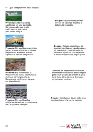8 – Ligue cada problema à sua solução:
Solução: Os governantes devem
Problema: Avião despejando investir em sistemas de coleta e
agrotóxicos em uma plantação. tratamento de esgoto.
Os venenos vão para o solo
e são levados pela chuva
para os rios e lagos.
Solução: Reduzir a quantidade de
Problema: Rio poluído com produtos agrotóxicos utilizados nas plantações,
químicos pelas atividades industriais, ou incentivar a comercialização de
prejudicando a vida dos animais alimentos orgânicos, que respeitam
aquáticos e a saúde das pessoas. o tempo de colheita da própria planta.
Solução: As empresas de mineração
Problema: Rio contaminado (e devem fazer manutenção das barragens,
Posteriormente morto) e comunidade para evitar que elas se rompam e que a
destruída por rompimento da lama tóxica atinja os rios e destrua as
Barragem de minérios em Mariana, comunidades próximas.
em Minas Gerais.
Solução: As industrias devem tratar o seu
Problema: Rio poluído pelas esgoto antes de o lançar na natureza
atividades domésticas, principalmente
pelo lançamento de esgoto.
32
 