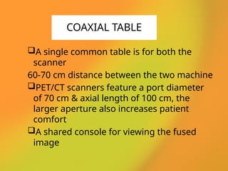 A single common table is for both the
scanner
60-70 cm distance between the two machine
PET/CT scanners feature a port diameter
of 70 cm & axial length of 100 cm, the
larger aperture also increases patient
comfort
A shared console for viewing the fused
image
COAXIAL TABLE
 