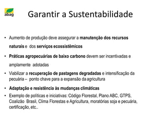 Garantir a Sustentabilidade
• Aumento de produção deve assegurar a manutenção dos recursos
naturais e dos serviços ecossistêmicos
• Práticas agropecuárias de baixo carbono devem ser incentivadas e
amplamente adotadas
• Viabilizar a recuperação de pastagens degradadas e intensificação da
pecuária – ponto chave para a expansão daagricultura
• Adaptação e resistência às mudanças climáticas
• Exemplo de políticas e iniciativas: Código Florestal, Plano ABC, GTPS,
Coalizão Brasil, Clima Florestas e Agricultura, moratórias soja e pecuária,
certificação, etc..
 