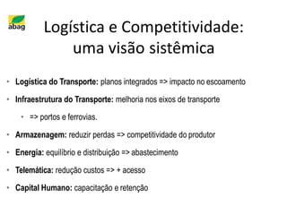 Logística e Competitividade:
uma visão sistêmica
• Logística do Transporte: planos integrados => impacto no escoamento
• Infraestrutura do Transporte: melhoria nos eixos de transporte
• => portos e ferrovias.
• Armazenagem: reduzir perdas => competitividade do produtor
• Energia: equilíbrio e distribuição => abastecimento
• Telemática: redução custos => + acesso
• Capital Humano: capacitação e retenção
 