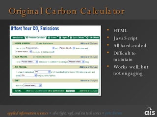 HTML JavaScript All hard-coded Difficult to maintain Works well, but not engaging Original Carbon Calculator 