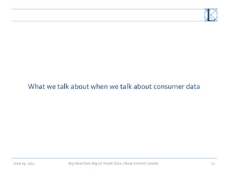 Big	
  Ideas	
  from	
  Big	
  (or	
  Small)	
  Data	
  	
  |	
  Book	
  Summit	
  Canada	
  	
  June	
  19,	
  2014	
   11	
  
What	
  we	
  talk	
  about	
  when	
  we	
  talk	
  about	
  consumer	
  data	
  
 