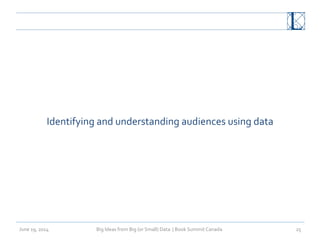 Big	
  Ideas	
  from	
  Big	
  (or	
  Small)	
  Data	
  	
  |	
  Book	
  Summit	
  Canada	
  	
  June	
  19,	
  2014	
   25	
  
Identifying	
  and	
  understanding	
  audiences	
  using	
  data	
  
 