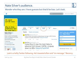 Nate	
  Silver’s	
  audience.	
  
June	
  19,	
  2014	
   Big	
  Ideas	
  from	
  Big	
  (or	
  Small)	
  Data	
  	
  |	
  Book	
  Summit	
  Canada	
  	
   27	
  
Wonder	
  who	
  they	
  are.	
  I	
  have	
  guesses	
  but	
  that’d	
  be	
  bias.	
  Let’s	
  look.	
  
720k	
  is	
  a	
  hefty	
  Twitter	
  following.	
  He’s	
  tweeted	
  often	
  and	
  “on	
  message.”	
  Recency.	
  	
  
 