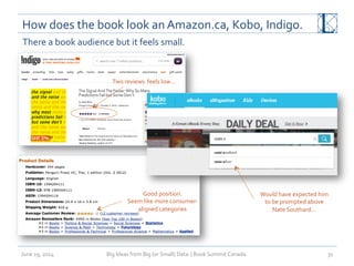 How	
  does	
  the	
  book	
  look	
  an	
  Amazon.ca,	
  Kobo,	
  Indigo.	
  
June	
  19,	
  2014	
   Big	
  Ideas	
  from	
  Big	
  (or	
  Small)	
  Data	
  	
  |	
  Book	
  Summit	
  Canada	
  	
   31	
  
There	
  a	
  book	
  audience	
  but	
  it	
  feels	
  small.	
  
Two	
  reviews	
  	
  feels	
  low…	
  
Good	
  position.	
  
Seem	
  like	
  more	
  consumer-­‐
aligned	
  categories	
  
Would	
  have	
  expected	
  him	
  
to	
  be	
  prompted	
  above	
  	
  
Nate	
  Southard…	
  	
  
 