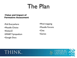 The Plan Value and Impact of Formative Assessment Poll Everywhere Moodle Choice KlickerZ SMART Sympodium Google Docs Mind mapping Moodle Forums Chat Games 