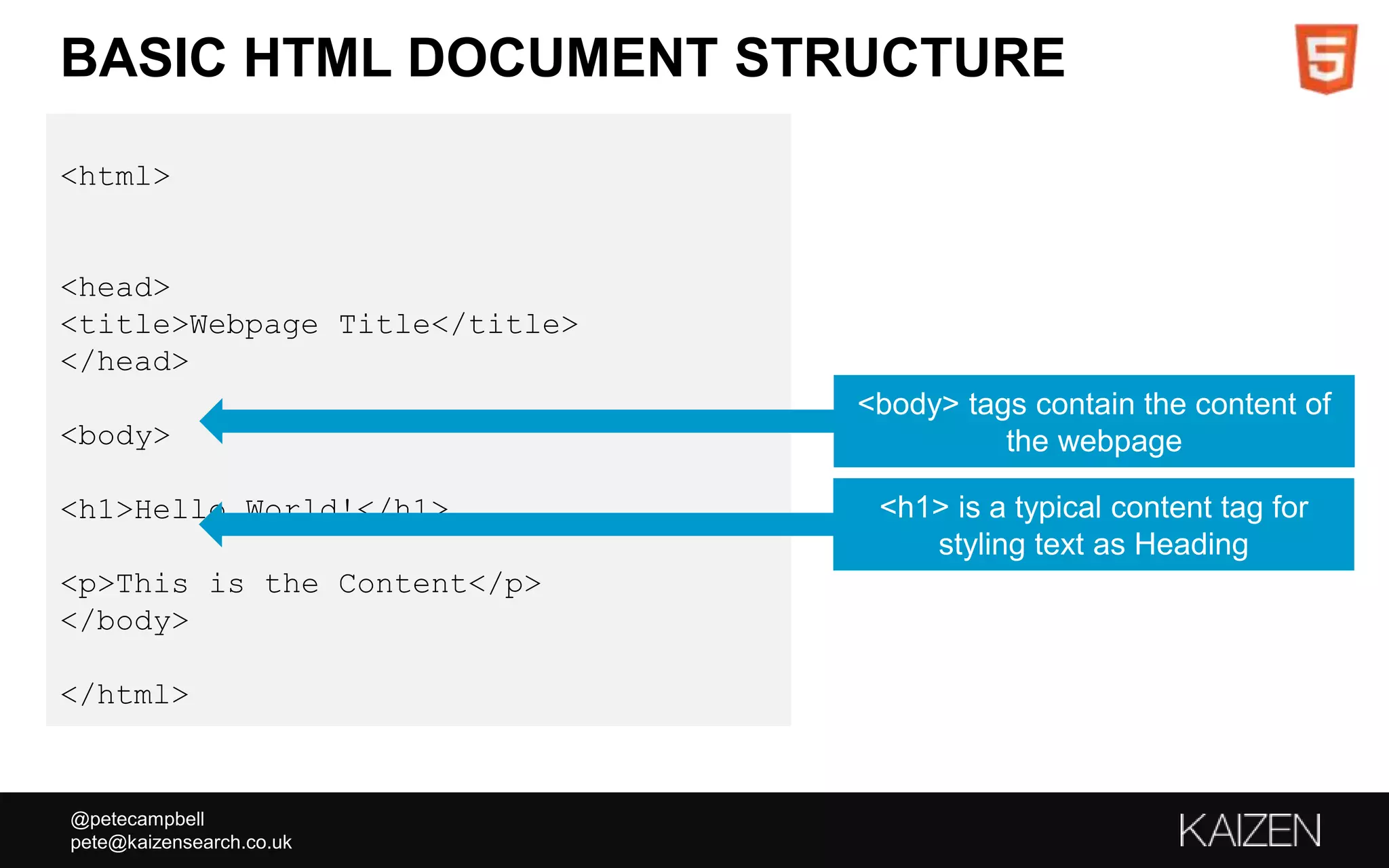 @petecampbell
pete@kaizensearch.co.uk
BASIC HTML DOCUMENT STRUCTURE
<html>
<head>
<title>Webpage Title</title>
</head>
<body>
<h1>Hello World!</h1>
<p>This is the Content</p>
</body>
</html>
<body> tags contain the content of
the webpage
<h1> is a typical content tag for
styling text as Heading
 