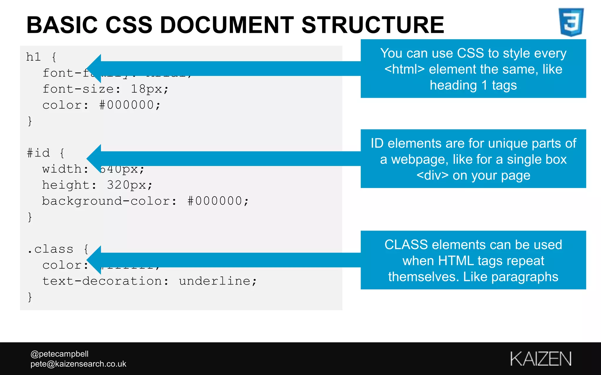 @petecampbell
pete@kaizensearch.co.uk
h1 {
font-family: Arial;
font-size: 18px;
color: #000000;
}
#id {
width: 640px;
height: 320px;
background-color: #000000;
}
.class {
color: #ffffff;
text-decoration: underline;
}
BASIC CSS DOCUMENT STRUCTURE
You can use CSS to style every
<html> element the same, like
heading 1 tags
ID elements are for unique parts of
a webpage, like for a single box
<div> on your page
CLASS elements can be used
when HTML tags repeat
themselves. Like paragraphs
 