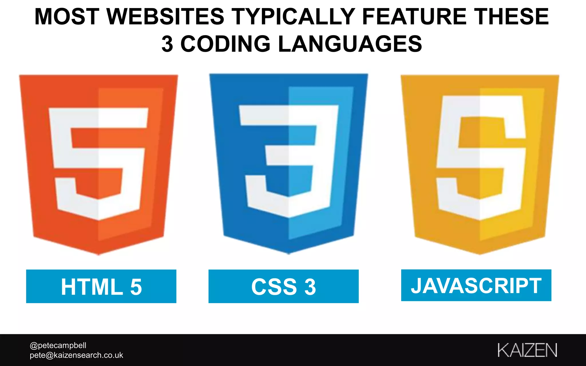 @petecampbell
pete@kaizensearch.co.uk
MOST WEBSITES TYPICALLY FEATURE THESE
3 CODING LANGUAGES
HTML 5 CSS 3 JAVASCRIPT
 