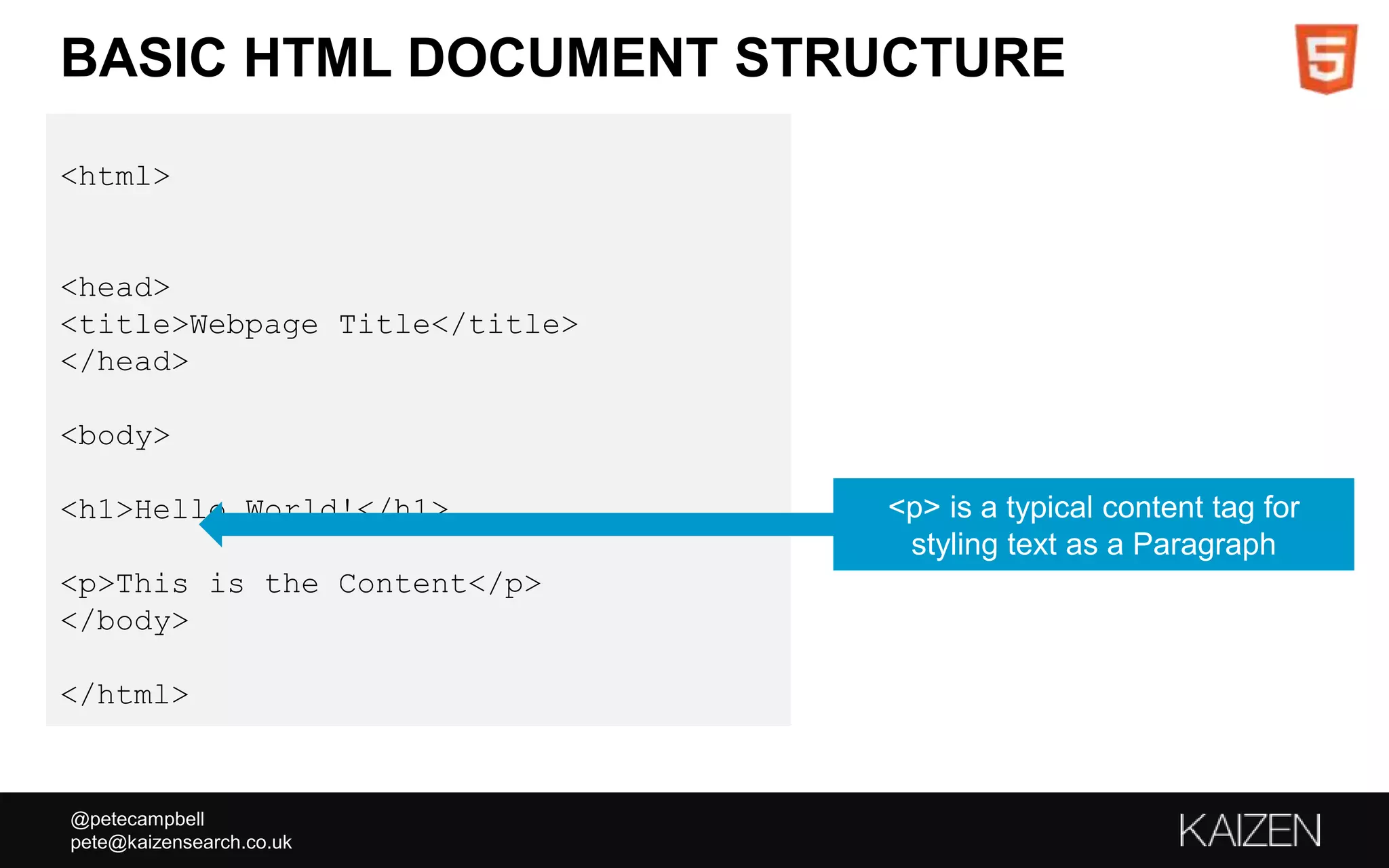 @petecampbell
pete@kaizensearch.co.uk
BASIC HTML DOCUMENT STRUCTURE
<html>
<head>
<title>Webpage Title</title>
</head>
<body>
<h1>Hello World!</h1>
<p>This is the Content</p>
</body>
</html>
<p> is a typical content tag for
styling text as a Paragraph
 