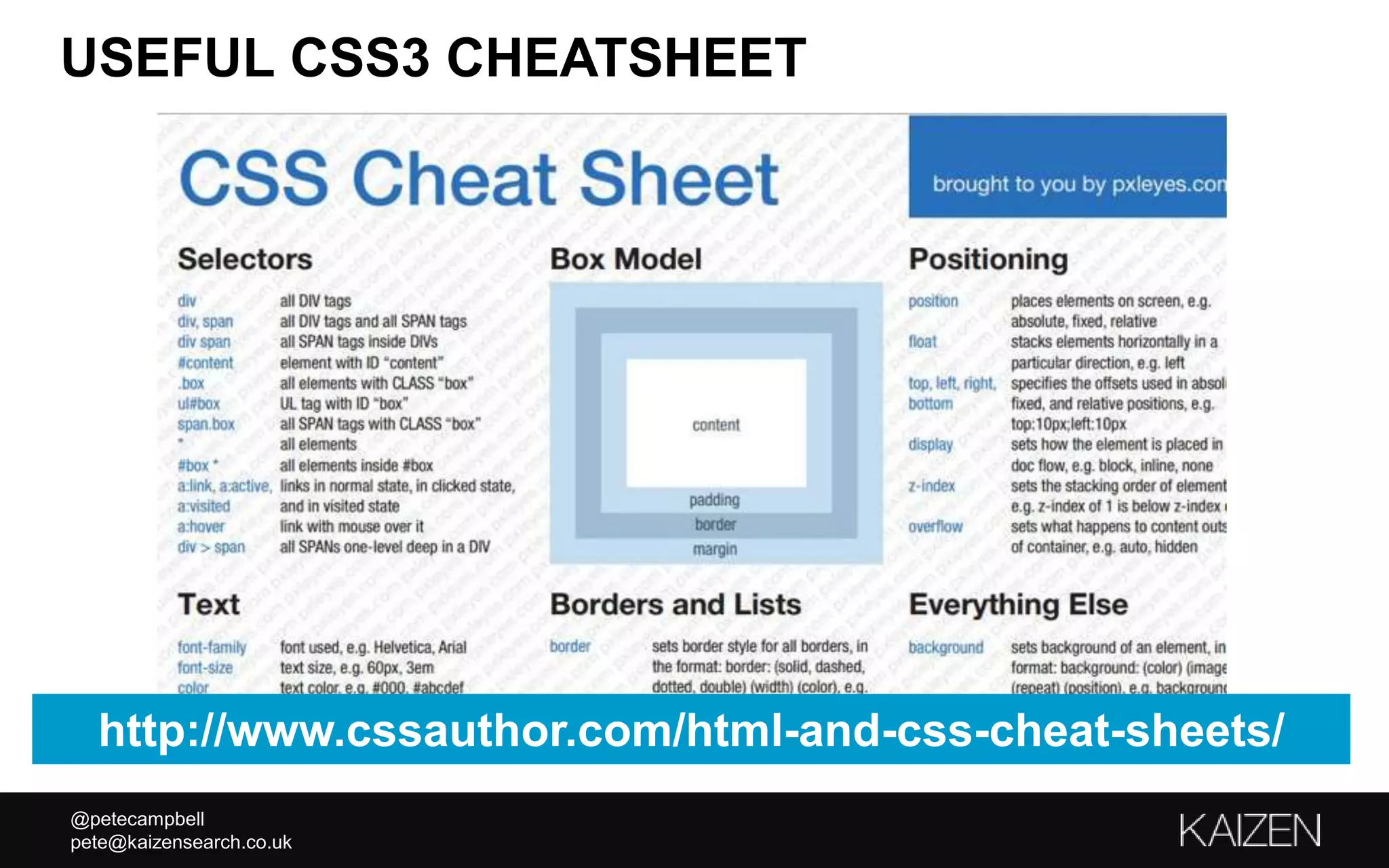 @petecampbell
pete@kaizensearch.co.uk
USEFUL CSS3 CHEATSHEET
http://www.cssauthor.com/html-and-css-cheat-sheets/
 