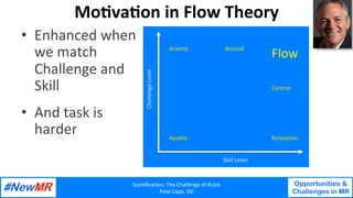 Gamiﬁca'on:	The	Challenge	of	Rules	
Pete	Cape,	SSI	
Opportunities &
Challenges in MR
	
	
Mo'va'on	in	Flow	Theory	
•  Enhan...