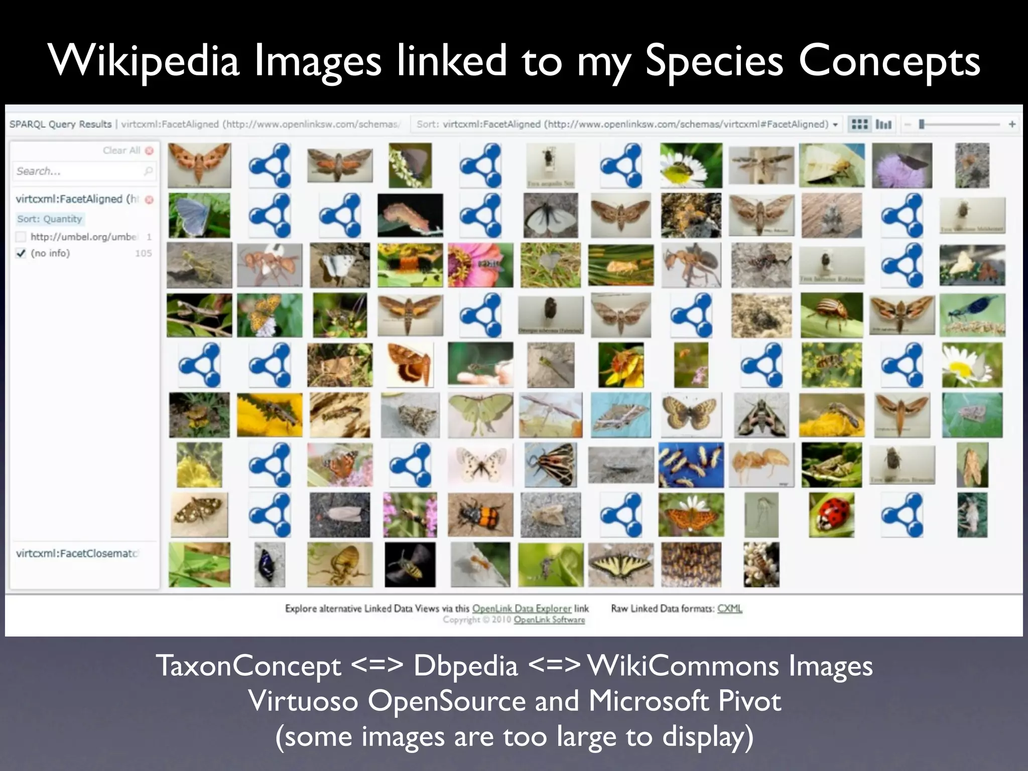 Wikipedia Images linked to my Species Concepts




     TaxonConcept <=> Dbpedia <=> WikiCommons Images
           Virtuoso OpenSource and Microsoft Pivot
             (some images are too large to display)
 