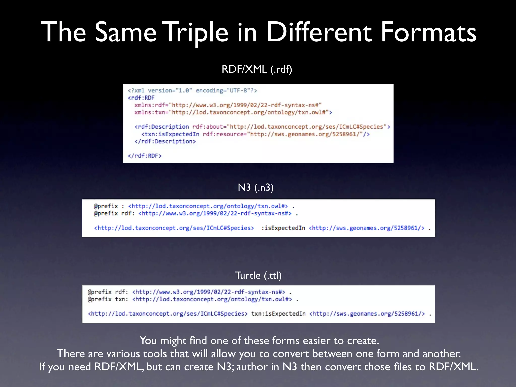 The Same Triple in Different Formats
                                    RDF/XML (.rdf)




                                        N3 (.n3)




                                       Turtle (.ttl)




                      You might ﬁnd one of these forms easier to create.
     There are various tools that will allow you to convert between one form and another.
If you need RDF/XML, but can create N3; author in N3 then convert those ﬁles to RDF/XML.
 