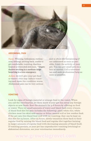 8
ABDOMINAL PAIN
VOMITING
Look for signs of foreign material or strange food in the vomit. When
you call the veterinarian, let them know if your pet has eaten any foreign
objects or new foods. Rest the stomach for 4–6 hours by offering no food
or water. Then try small amounts of water and bland food every 2 hours.
A bland food diet for pets includes the following: plain white rice, white
chicken meat (no skin) and canine or feline canned w/d or low residue food.
If the pet eats this bland food well with no vomiting, they can be kept on
this diet for 24 hours. After 24 hours, slowly transition them back to their
regular food by mixing the bland food and regular diet together (mixing
in larger amounts of regular food with decreasing amounts of bland food).
If vomiting persists, or your pet has unproductive vomiting (retching) or
abdominal distension, see your veterinarian immediately.
Signs: Whining, listlessness, restless-
ness, lethargy, arching back, unable to
get comfortable, vomiting, diarrhea,
bloated or distended abdomen. * Unpro-
ductive retching in a medium–large
breed dog is a true emergency.
Action: do not give your pet food
or water—this may induce vomit-
ing and make the condition worse.
Abdominal pain can be very serious
and is often life-threatening if
not addressed as soon as pos-
sible. Limit the activity of your
pet. You can put small pets in a
box or carrier. Call a veterinar-
ian and seek professional help as
soon as possible.
 