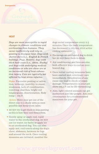 Emergencies
HEAT
Dogs are more susceptible to rapid
changes in climate conditions and
overheating than humans. They
sweat ineffectively and rely on
panting to dissipate heat. Dogs with
shorter faces (i.e., English & French
bulldogs, Pugs, Boxers), dogs with
thick hair coats (i.e., Akita, Husky)
and dogs with underlying medical
conditions or who are obese are at
an increased risk of heat exhaus-
tion injury. Cats are typically not
affected by heat stress injuries.
Signs: Excessive panting or saliva-
tion, lethargy, inability to stand,
weakness, lack of coordination,
vomiting, diarrhea, bright red
tongue/gums, disorientation. Body
temp > 105 F.
Action: Move your pet out of the
direct sun to a shady area as soon
possible and keep them calm.
do not try to get them to stop panting
as this is how they cool themselves.
Gently spray or apply cool, tepid
water to the overheated dog. do not
use ice water, ice baths or apply ice
to an overheated dog. You can also
apply wet, cool towels along the dog’s
chest, abdomen, between its legs
and around the neck. Once cooling
measures are initiated, monitor the
dogs rectal temperature every 2-3
minutes. Once the body temperature
has decreased to 103-104, stop active
cooling measures.
Encourage an overheated dog to drink
but do not force them to drink.
Air conditioning and fans are also
both effective ways to cool an over-
heated dog.
Once initial cooling measures have
been started seek veterinary care
immediately. Dehydration of any
cause can lead to shock or organ
damage. Temperatures in your pet
above 105.5 F can be life-threatening.
Also, light colored animals can get
sunburned just like people. Ask your
veterinarian for a recommended
sunscreen for your pet.
 