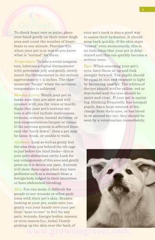 To check heart rate or pulse, place
your hand gently on their inner thigh
area and count the number of heart-
beats in one minute. Practice this
when your pet is at rest so you know
what is “normal” for them.
Temperature: To take a rectal tempera-
ture, lubricate a digital thermometer
with petroleum jelly and gently, slowly
insert the thermometer in the rectum
approximately 1–2 inches. The ther-
mometer “beeps” when the accurate
temperature is achieved.
Nervous system: Watch your pet to
make sure they are alert and will
interact with you (by voice or touch).
Signs that your pet’s nervous sys-
tem is affected include restlessness,
tremors, seizures, mental dullness, or
non-responsiveness (stupor or coma).
If the nervous system is affected from
only the “neck down”, then a pet may
be lame, weak, or unable to walk.
Abdomen: Look as well as gently feel
the area from just behind the rib cage
to just before the hind limbs—this is
your pet’s abdominal cavity. Look for
any enlargement of this area and gently
press on it to detect any pain. Animals
will show these signs when they have
problems such as a stomach bloat, a
foreign body lodged in their intestines
or have abdominal bleeding.
Skin: Fur can make it difficult for
people to see wounds or other prob-
lems with their pet’s skin. Besides
looking at your pet, make sure you
gently run your hands over your pet
from “nose to toes” to feel for any
pain, wounds, foreign bodies, masses,
or even insects (i.e., ticks). Gently
picking up the skin over the back of
your pet’s neck is also a good way
to assess their hydration. It should
snap back quickly; if the skin stays
“tented” even momentarily, this is
an indication that your pet is dehy-
drated and this can quickly become a
serious issue.
Eyes: When assessing your pet’s
eyes, have them sit up and look
straight forward. The pupils should
be equal in size and respond to light
by becoming smaller. The whites of
the eye should not be yellow, red or
discolored and the eyes should be
moist and clear. If your pet is squint-
ing, blinking frequently, has unequal
pupils, has a large amount of dis-
charge from their eyes, or has blood
in or around the eye, they should be
seen by a veterinarian immediately.
4
 