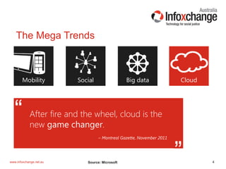 4www.infoxchange.net.au
Mobility CloudSocial Big data
After fire and the wheel, cloud is the
new game changer.
– Montreal Gazette, November 2011
Today’s Technology Megatrends
The Mega Trends
Source: Microsoft
 