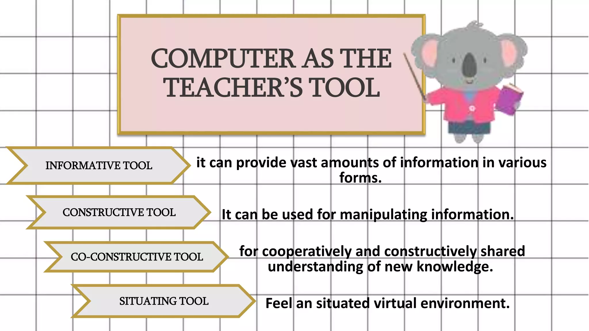 COMPUTER AS THE
TEACHER’S TOOL
it can provide vast amounts of information in various
forms.
It can be used for manipulating information.
for cooperatively and constructively shared
understanding of new knowledge.
Feel an situated virtual environment.
INFORMATIVE TOOL
CONSTRUCTIVE TOOL
CO-CONSTRUCTIVE TOOL
SITUATING TOOL
 