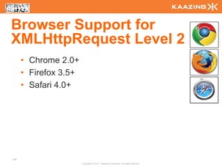 Browser Support for
XMLHttpRequest Level 2
      • Chrome 2.0+
      • Firefox 3.5+
      • Safari 4.0+




103
                       Copyright © 2010 - Kaazing Corporation. All rights reserved.
 