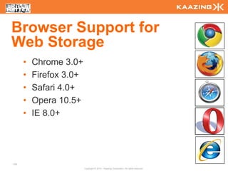 Browser Support for
Web Storage
      •   Chrome 3.0+
      •   Firefox 3.0+
      •   Safari 4.0+
      •   Opera 10.5+
      •   IE 8.0+




125
                         Copyright © 2010 - Kaazing Corporation. All rights reserved.
 