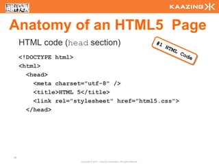 Anatomy of an HTML5 Page
     HTML code (head section)
     <!DOCTYPE html>
     <html>
       <head>
         <meta charset="utf-8" />
         <title>HTML 5</title>
         <link rel="stylesheet" href="html5.css">
       </head>




38
                      Copyright © 2010 - Kaazing Corporation. All rights reserved.
 