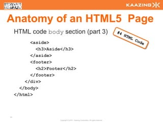 Anatomy of an HTML5 Page
     HTML code body section (part 3)
           <aside>
             <h3>Aside</h3>
           </aside>
           <footer>
             <h2>Footer</h2>
           </footer>
         </div>
       </body>
     </html>



41
                      Copyright © 2010 - Kaazing Corporation. All rights reserved.
 