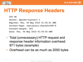 HTTP Response Headers
      200 OK
      Server: Apache-Coyote/1.1
      Expires: Thu, 06 May 2010 01:06:51 GMT
      Content-Type: text/plain;charset=UTF-8
      Content-Length: 303
      Date: Thu, 06 May 2010 01:06:50 GMT


     • Total (unnecessary) HTTP request and
       response header information overhead:
       871 bytes (example)
     • Overhead can be as much as 2000 bytes

77
                       Copyright © 2010 - Kaazing Corporation. All rights reserved.
 