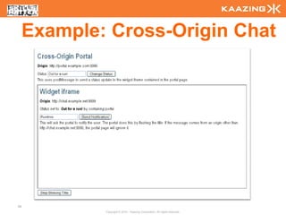 Example: Cross-Origin Chat




99
             Copyright © 2010 - Kaazing Corporation. All rights reserved.
 