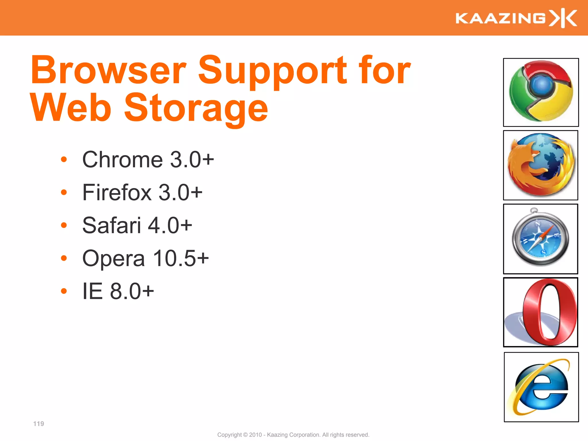 Browser Support for
Web Storage
      •   Chrome 3.0+
      •   Firefox 3.0+
      •   Safari 4.0+
      •   Opera 10.5+
      •   IE 8.0+




119
                         Copyright © 2010 - Kaazing Corporation. All rights reserved.
 