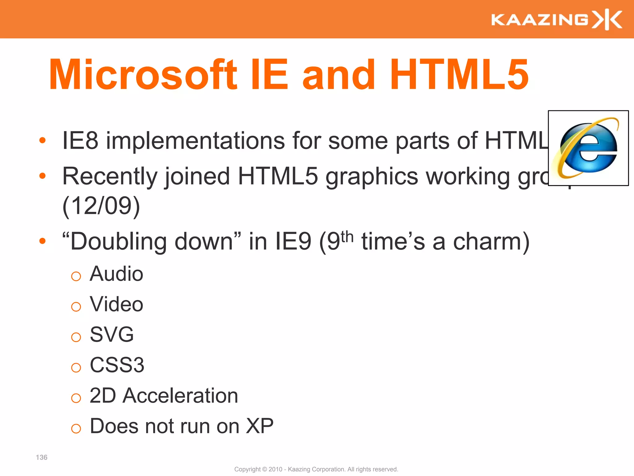 Microsoft IE and HTML5
• IE8 implementations for some parts of HTML5
• Recently joined HTML5 graphics working group
  (12/09)
• “Doubling down” in IE9 (9th time’s a charm)
       o   Audio
       o   Video
       o   SVG
       o   CSS3
       o   2D Acceleration
       o   Does not run on XP
136
                         Copyright © 2010 - Kaazing Corporation. All rights reserved.
 