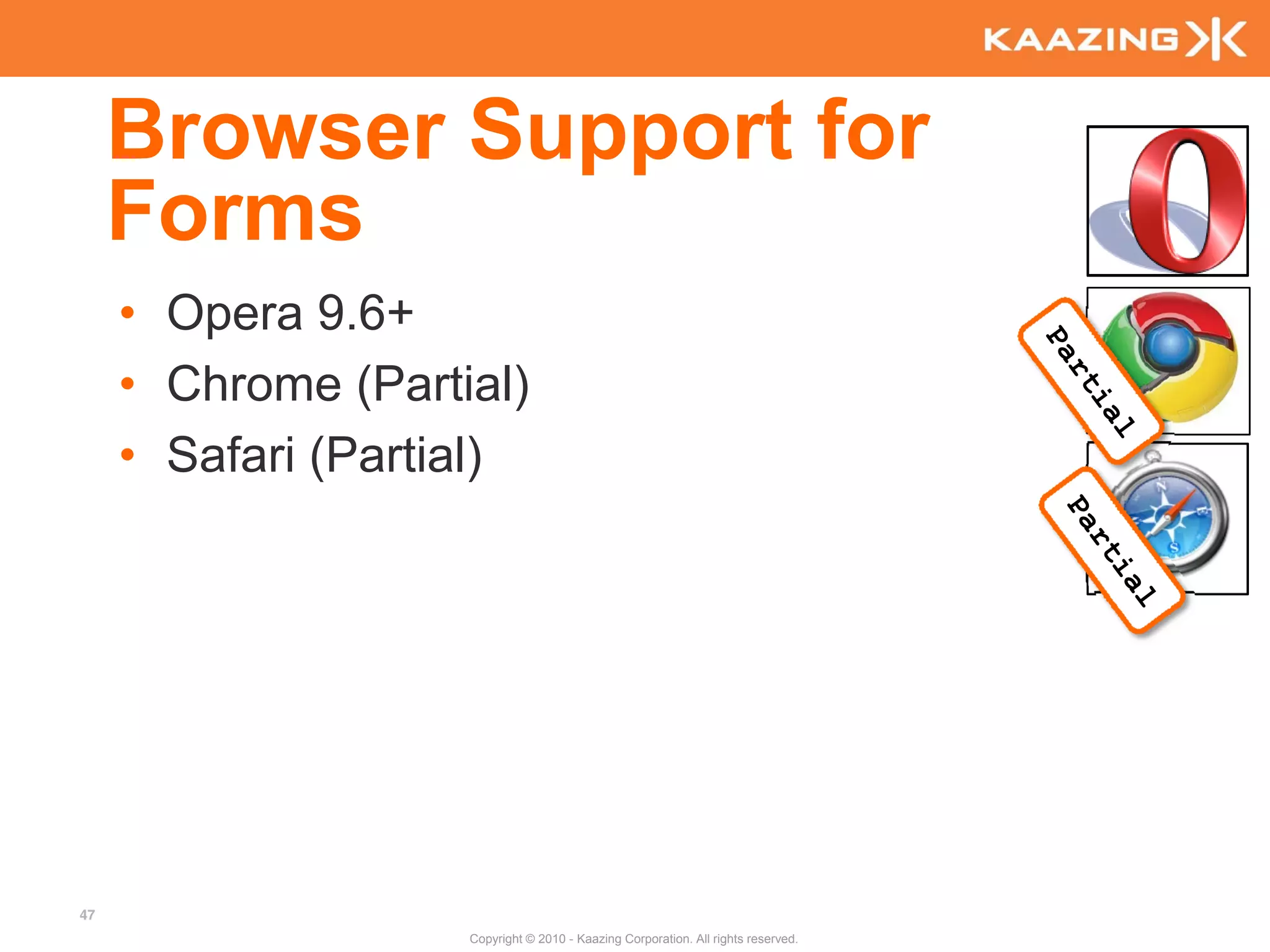 Browser Support for
     Forms
     • Opera 9.6+
     • Chrome (Partial)
     • Safari (Partial)




47
                    Copyright © 2010 - Kaazing Corporation. All rights reserved.
 
