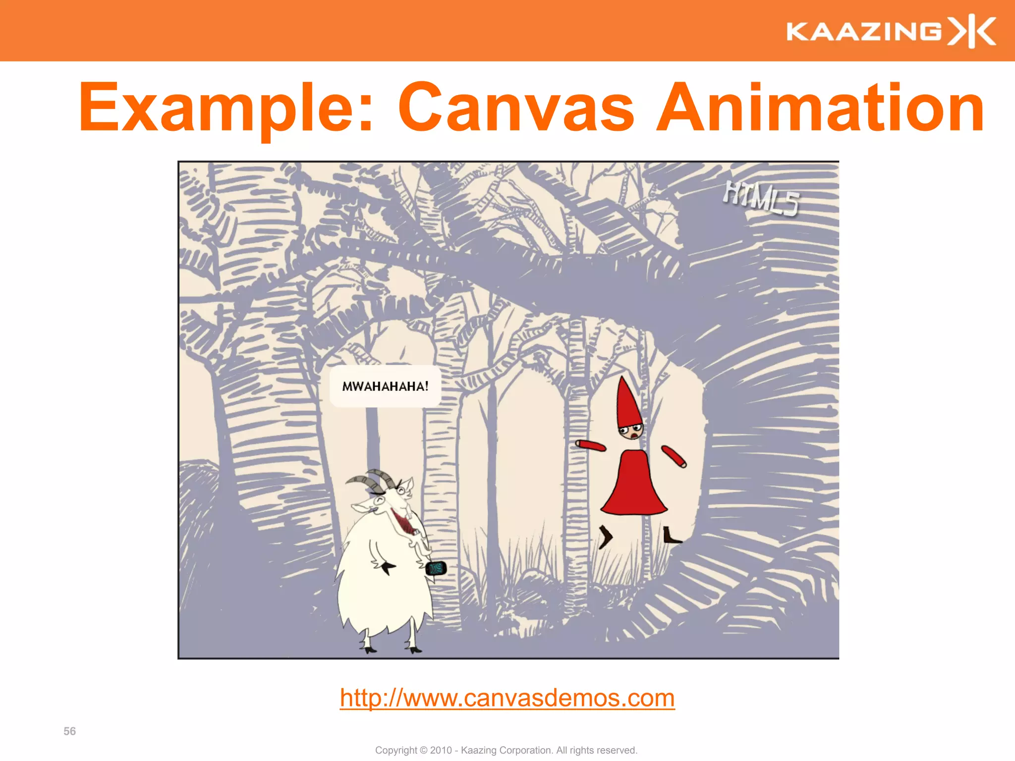 Example: Canvas Animation




            http://www.canvasdemos.com
56
              Copyright © 2010 - Kaazing Corporation. All rights reserved.
 