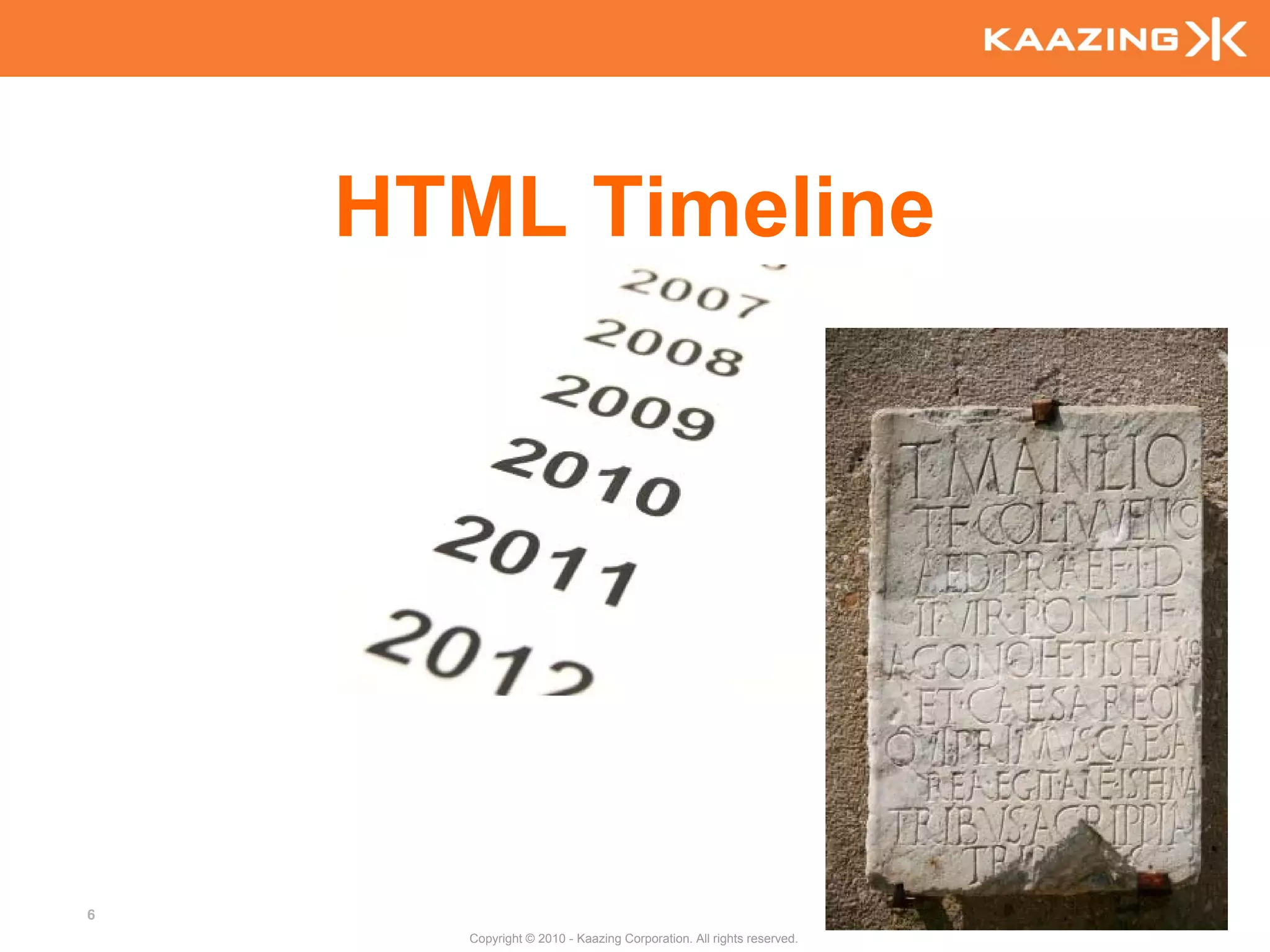 HTML Timeline




6
      Copyright © 2010 - Kaazing Corporation. All rights reserved.
 